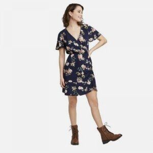 XHILARATION BLACK FLORAL V-NECK SURPLICE FAUX WRAP MINI - FLUTTER SLEEVES- SZ S